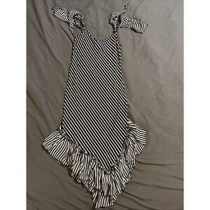 Vintage Joseph Ribkoff Black White Stripe Hi/Lo Ruffle Asymmetrical Dress Size 8